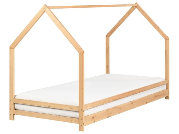 Barnsäng Hus Säng Ljust Furuträ 90 x 200 cm med Spjälbotten Småbarn Modern Barnkammare