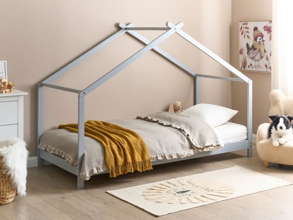 Barnsäng Hus Säng Grå Furuträ 90 x 200 cm med Spjälbotten Småbarn Modern Barnkammare
