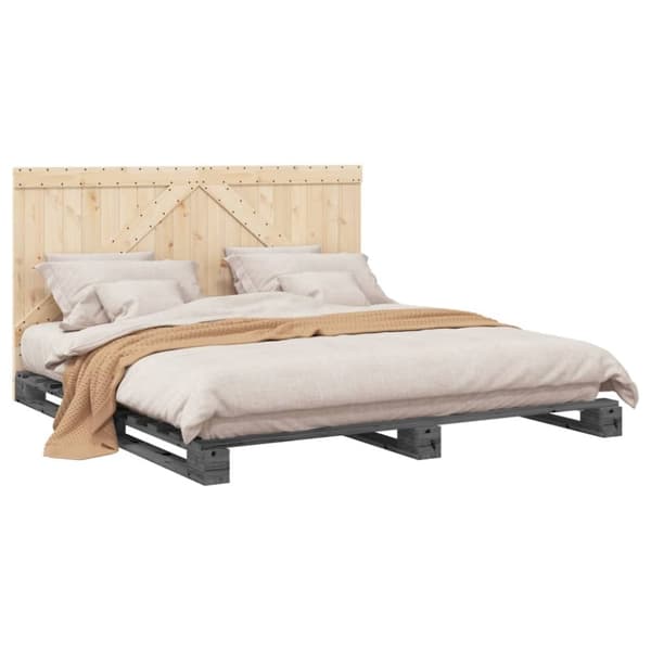 vidaXL Sengeramme med hodegavl grå 200x200 cm heltre furu
