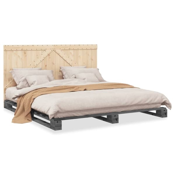 vidaXL Sengeramme med hodegavl grå 200x200 cm heltre furu