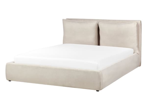 Dubbelsäng med förvaring Säng Ljusbeige Tyg 160 x 200 cm Stoppad Ram Kudde Rygg Förvaring Mysig Sovrum Modernt