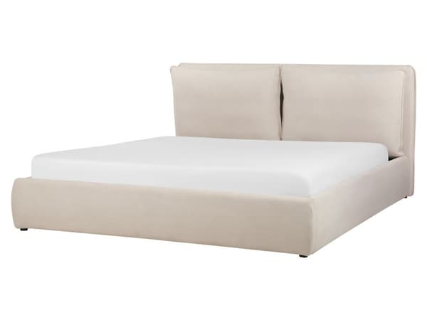 Dubbelsäng med förvaring Säng Ljusbeige Tyg 180 x 200 cm Stoppad Ram Kudde Rygg Förvaring Mysig Sovrum Modernt