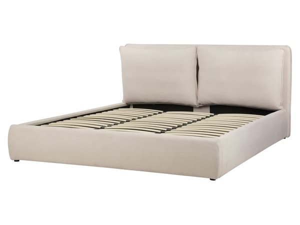 Dubbelsäng med förvaring Säng Ljusbeige Tyg 180 x 200 cm Stoppad Ram Kudde Rygg Förvaring Mysig Sovrum Modernt