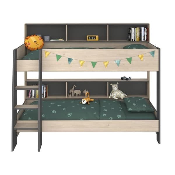 PARISOT Barnvåningssängar - Jackson Oak och Shadow Grey dekor - Boxfjädrar ingår - 2 x 90 x 200 cm - JIM