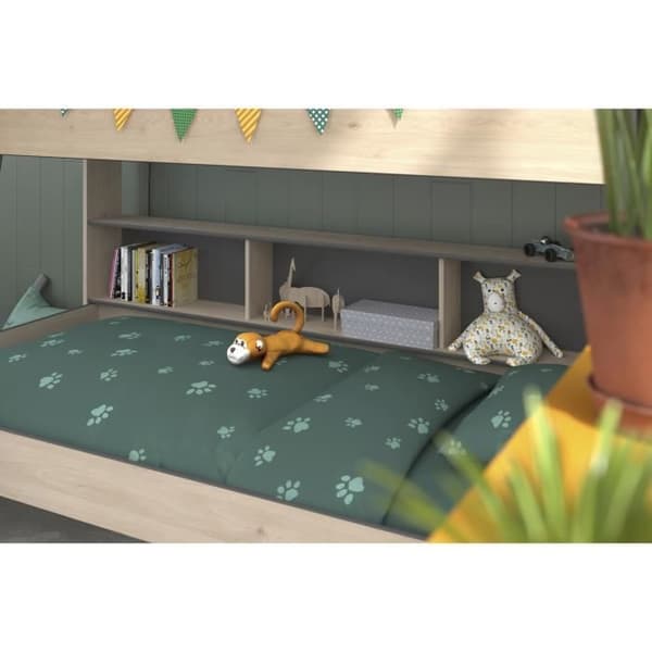 PARISOT Barnvåningssängar - Jackson Oak och Shadow Grey dekor - Boxfjädrar ingår - 2 x 90 x 200 cm - JIM