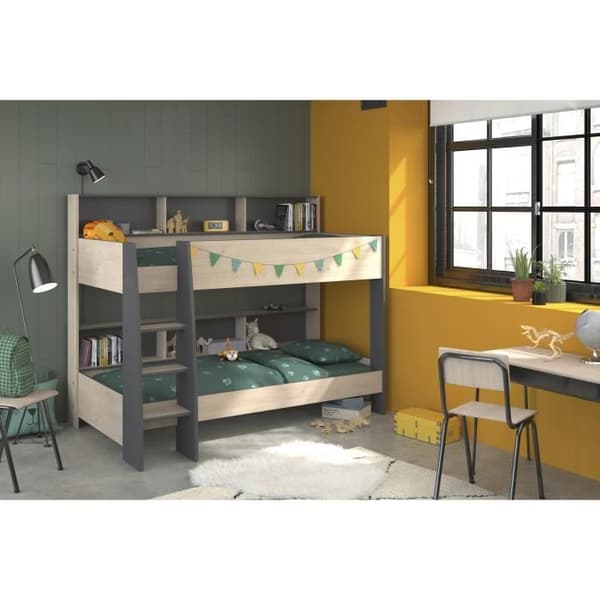PARISOT Barnvåningssängar - Jackson Oak och Shadow Grey dekor - Boxfjädrar ingår - 2 x 90 x 200 cm - JIM