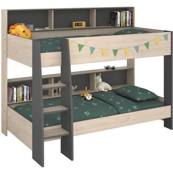 PARISOT Barnvåningssängar - Jackson Oak och Shadow Grey dekor - Boxfjädrar ingår - 2 x 90 x 200 cm - JIM