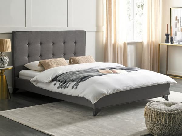 Sänky harmaa polyesteri kangas verhoilu 140 x 200 cm tuftattu sängynpääty napeilla sälepohja moderni tyyli