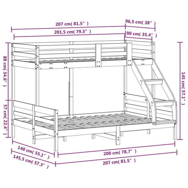 vidaXL køjeseng 90x200/140x200 cm massivt fyrretræ hvid