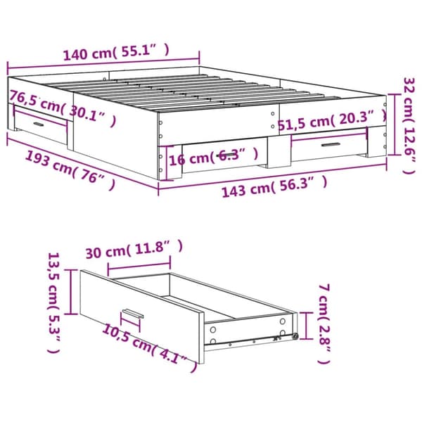 vidaXL Sengeramme med skuffer sonoma eik 140x190 cm konstruert tre