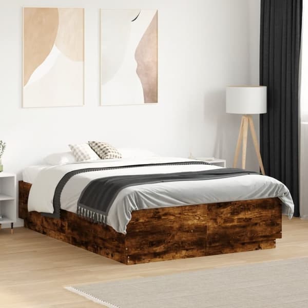 vidaXL Sängynrunko LED-valoilla savutammi 135x190 cm tekninen puu