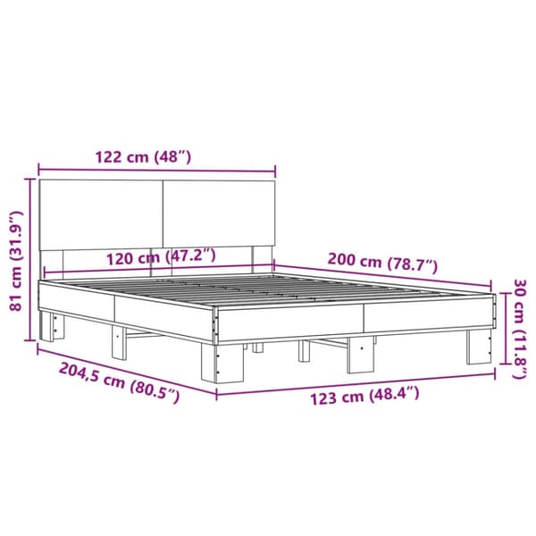vidaXL Sängynrunko ruskea tammi 120x200 cm tekninen puu ja metalli