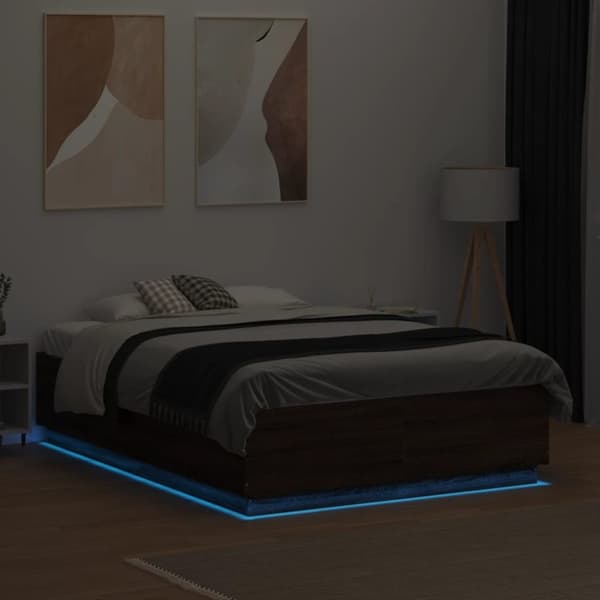 vidaXL Sengeramme med LED-lys brun eik 135x190 cm konstruert tre