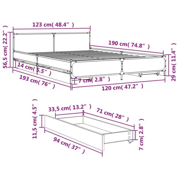 vidaXL sengeramme med skuffer 120x190 cm konstrueret træ brunt egetræ