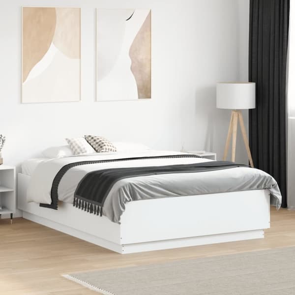 vidaXL sengeramme med LED-lys 135x190 cm konstrueret træ hvid højglans