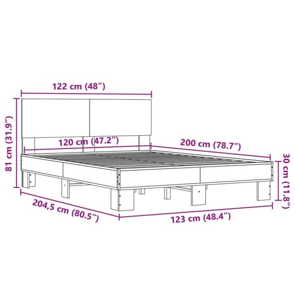 vidaXL Sängynrunko Sonoma tammi 120x200 cm tekninen puu ja metalli