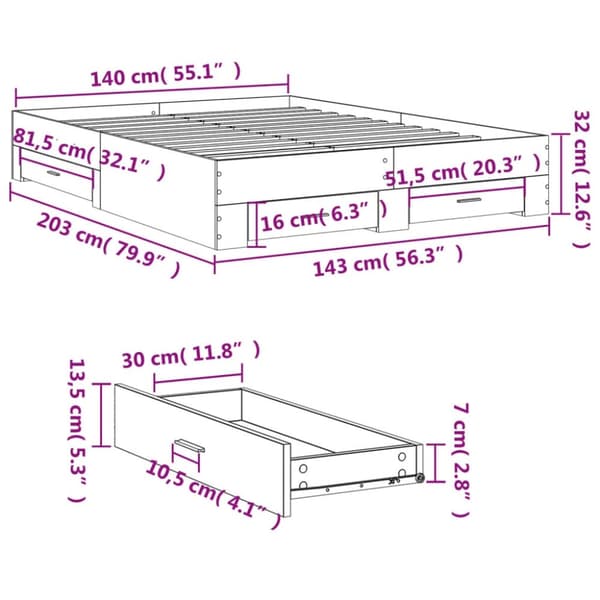 vidaXL sengeramme med skuffer 140x200 cm konstrueret træ sonoma-eg