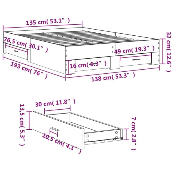 vidaXL Sengeramme med skuffer hvit 135x190 cm konstruert tre