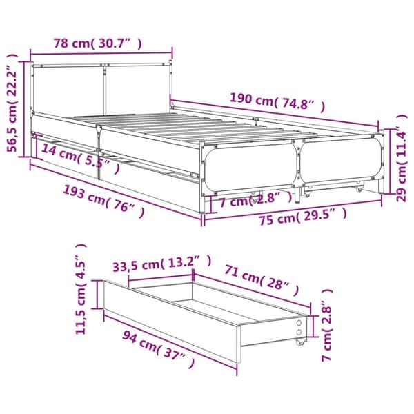 vidaXL sengeramme med skuffer 75x190 cm konstrueret træ sort