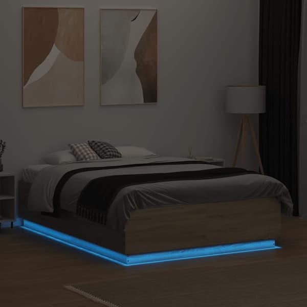 vidaXL sengeramme med LED-lys 135x190 cm konstrueret træ sonoma-eg