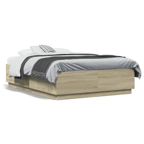 vidaXL sengeramme med LED-lys 135x190 cm konstrueret træ sonoma-eg