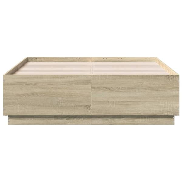 vidaXL sengeramme med LED-lys 135x190 cm konstrueret træ sonoma-eg