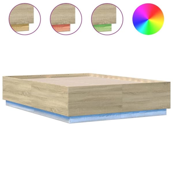 vidaXL sengeramme med LED-lys 135x190 cm konstrueret træ sonoma-eg
