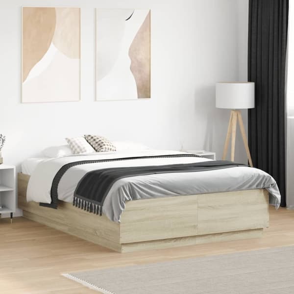 vidaXL sengeramme med LED-lys 135x190 cm konstrueret træ sonoma-eg