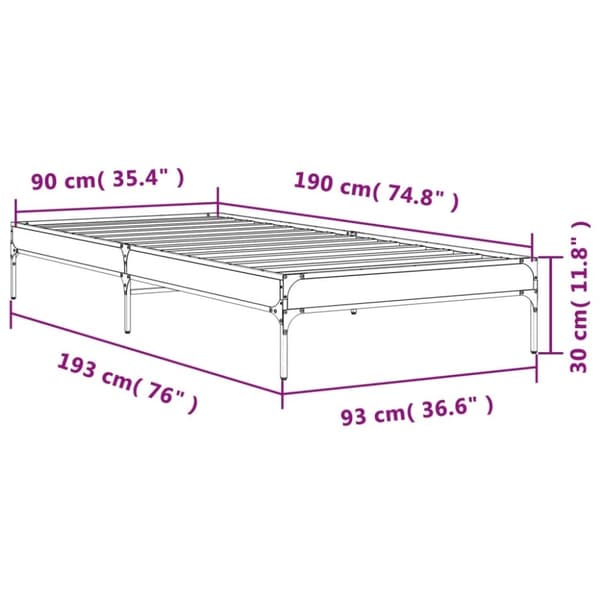 vidaXL Sängynrunko harmaa Sonoma 90x190 cm tekninen puu ja metalli