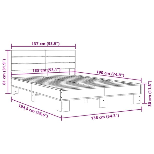 vidaXL Sängynrunko Sonoma-tammi 135x190 cm tekninen puu ja metalli