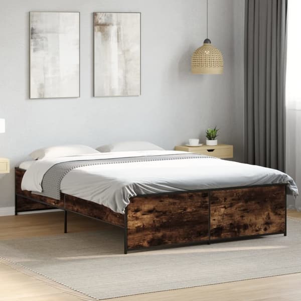 vidaXL Sengeramme røkt eik 135x190 cm konstruert tre og metall