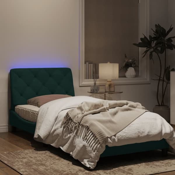 vidaXL sengeramme med LED-lys 90x200 cm velour mørkegrøn