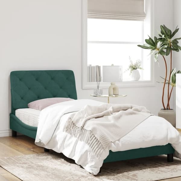 vidaXL sengeramme med LED-lys 90x200 cm velour mørkegrøn