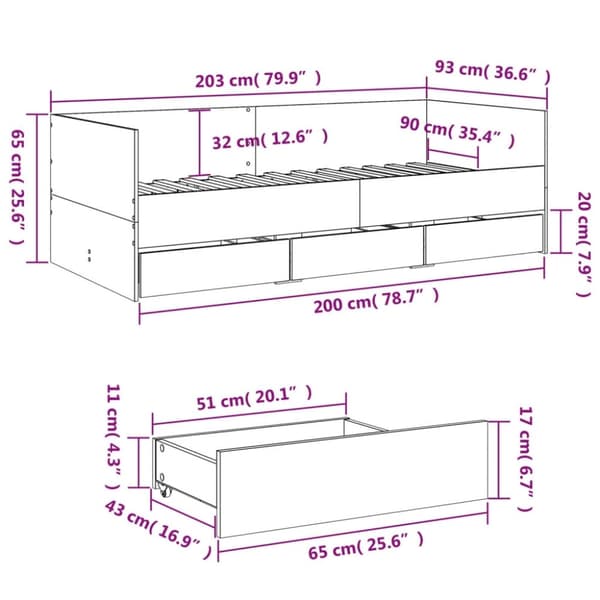 vidaXL Dagseng med skuffer uten Madrass røkt eik 90x200 cm