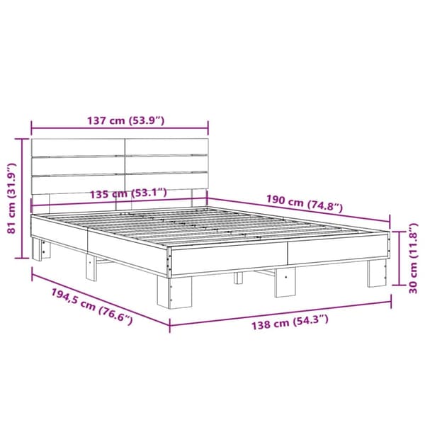 vidaXL Sängynrunko harmaa Sonoma 135x190 cm tekninen puu ja metalli