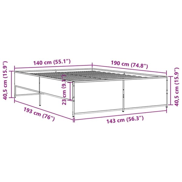 vidaXL Sengeramme røkt eik 140x190 cm konstruert tre og metall