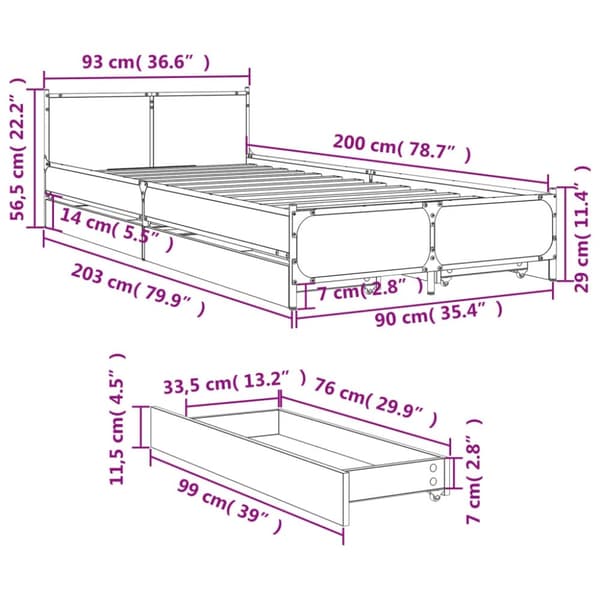 vidaXL Sängynrunko laatikoilla musta 90x200 cm täysi puu