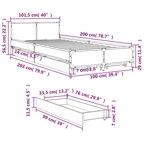 vidaXL Sengeramme med skuffer betonggrå 100x200 cm konstruert tre