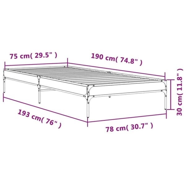 vidaXL Sängynrunko harmaa Sonoma 75x190 cm tekninen puu ja metalli