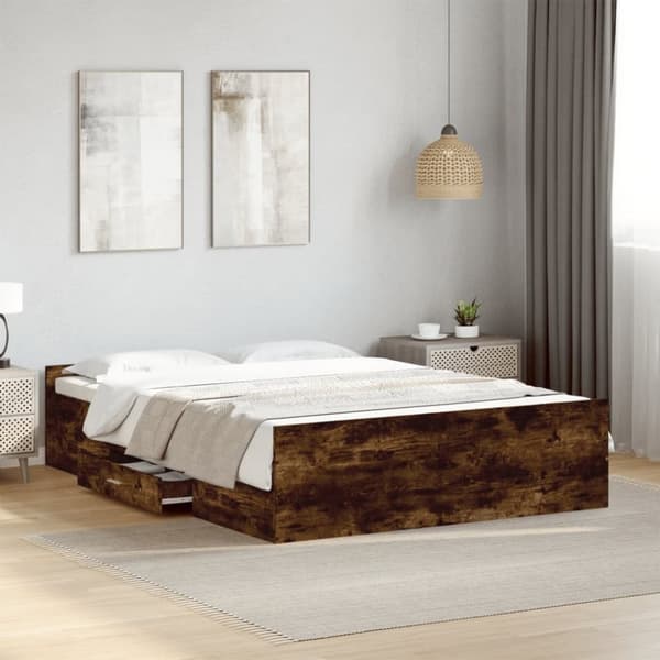 vidaXL Sengeramme med skuffer røkt eik 135x190 cm konstruert tre