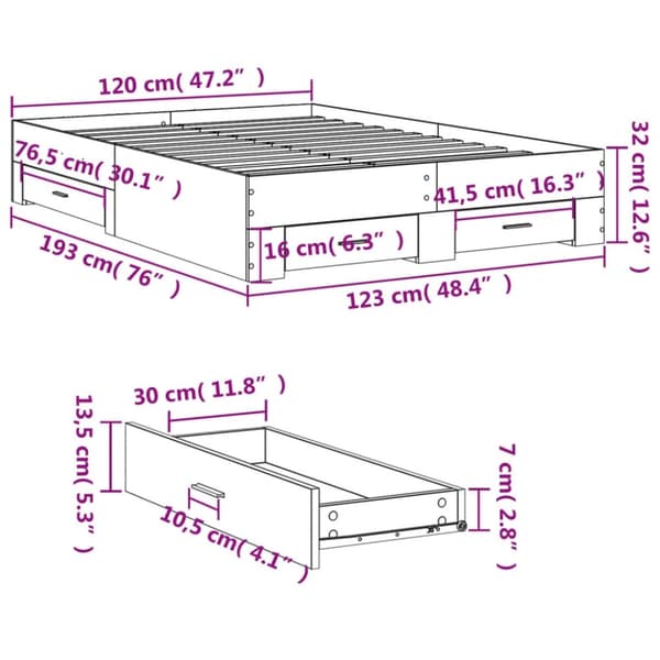 vidaXL sengeramme med skuffer 120x190 cm konstrueret træ betongrå