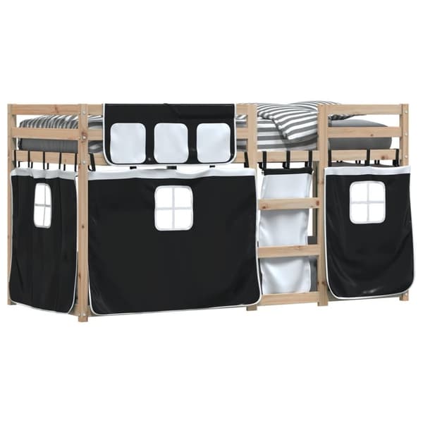 vidaXL Loftsäng med gardiner vit&svart 90x190 cm massiv furu