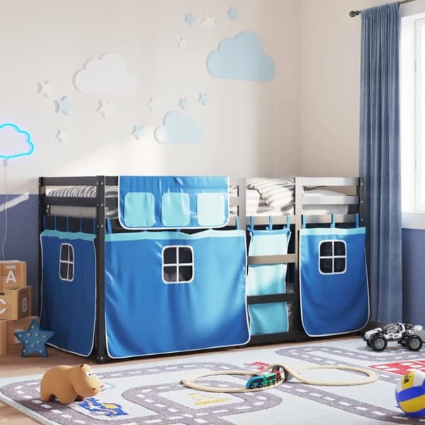 vidaXL Parvisänky verhoilla sininen 90x200 cm täysi mänty
