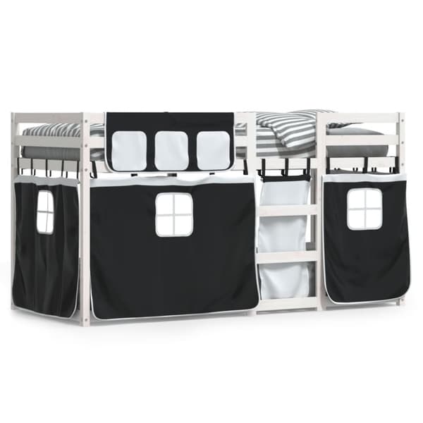 vidaXL Loftsäng med gardiner vit&svart 90x190 cm massiv furu