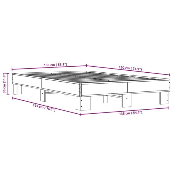 vidaXL Sängynrunko harmaa Sonoma 135x190 cm tekninen puu ja metalli