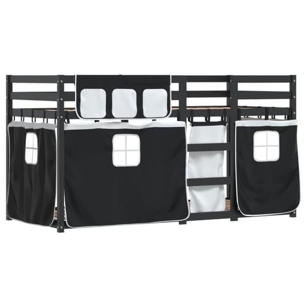 vidaXL Loftsäng med gardiner vit&svart 90x200 cm massiv furu