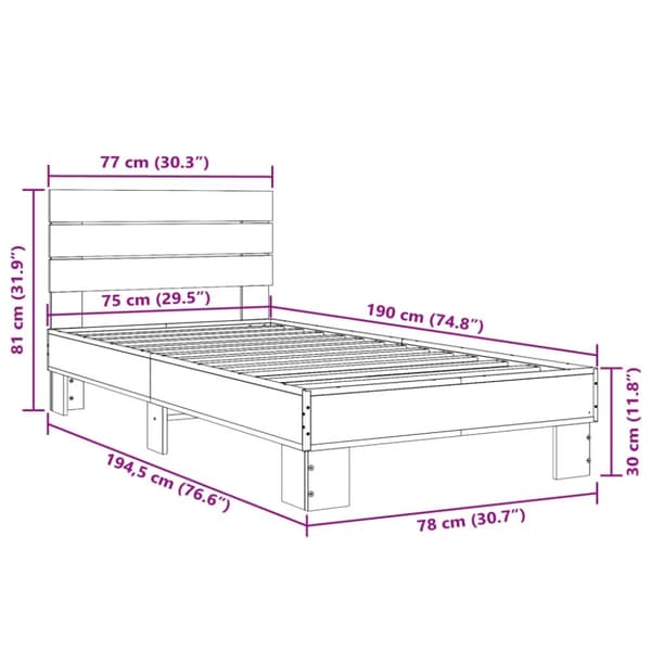 vidaXL Sengeramme grå sonoma 75x190 cm konstruert tre og metall