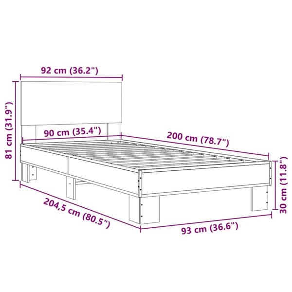 vidaXL Sängynrunko savutammi 90x200 cm tekninen puu ja metalli