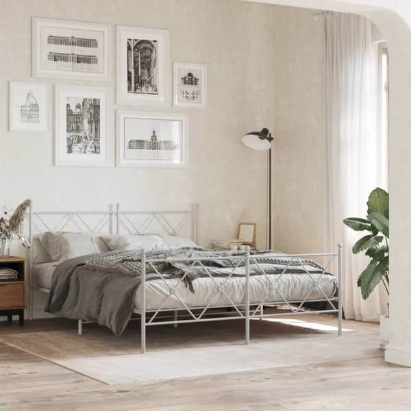 vidaXL sengeramme med sengegavl og fodgærde 150x200 cm metal hvid