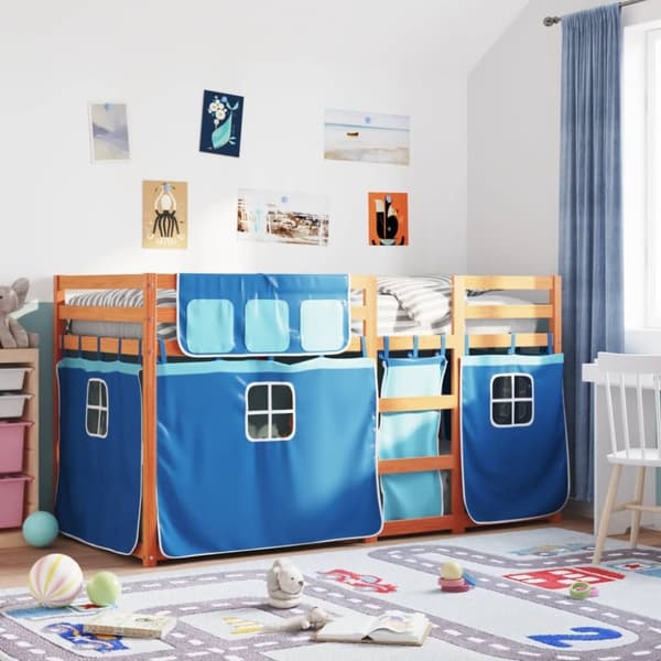 vidaXL køjeseng med gardiner 90x190 cm massivt fyrretræ blå
